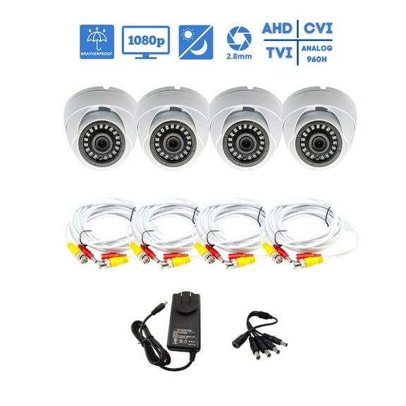 Evertech 4 Pack HD 1080P CCTV Indoor Outdoor Security Dome Camera with 25ft BNC Cables and Power Supply