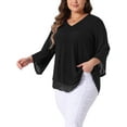 thumbnail image 4 of Agnes Orinda Plus Size Shirt for Women 3/4 Bell Sleeve V Neck Double Layers Chiffon Blouse Top 1X Black, 4 of 6