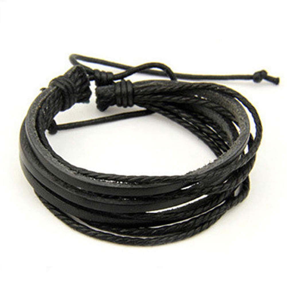 Fashion Men's Leather Bracelet Handmade Braided Woven Bangle Black Adjustable 
