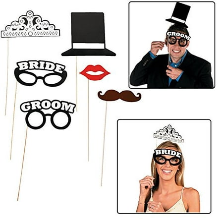 Fun Express Bride and Groom Wedding Reception Photo Booth Stick Props - 6 Pieces