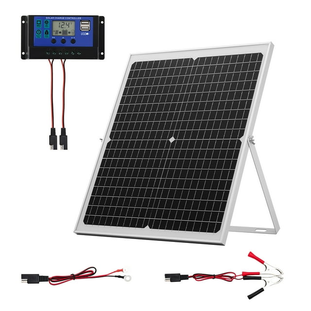KFFKFF 30W 12V Solar Panel Battery Charger, Solar Battery Trickle Charger Maintainer with Intelligent MPPT Controller & Adjustable Mount Bracket, IP67 Waterproof