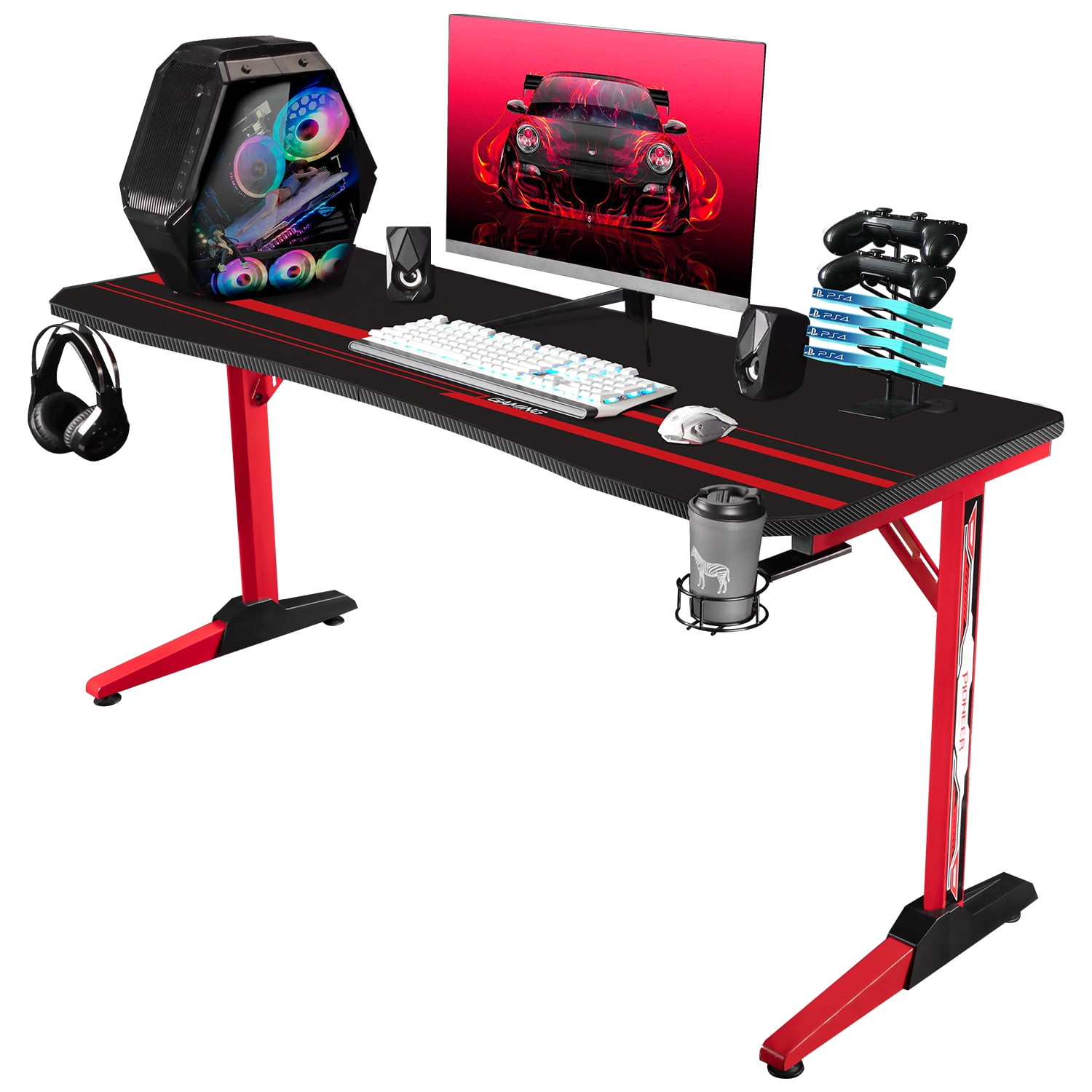 T-Shaped Legs Computer Gaming Desk with Cup Holder & Headphone Hook 