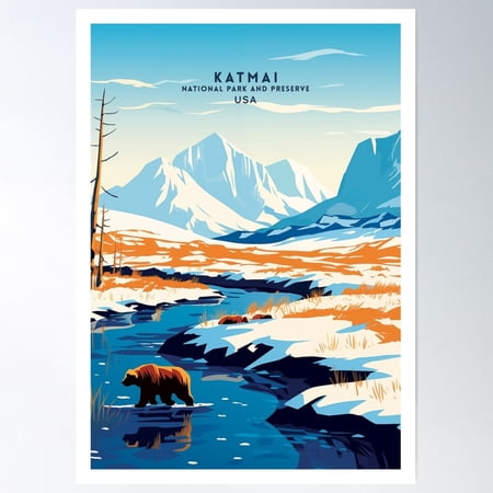 Katmai National Park Wild Majesty Travel Poster Illustration Poster Wall Art, Modern Wall Decor For Living Room Bedroom, 12x18 UNFRAMED