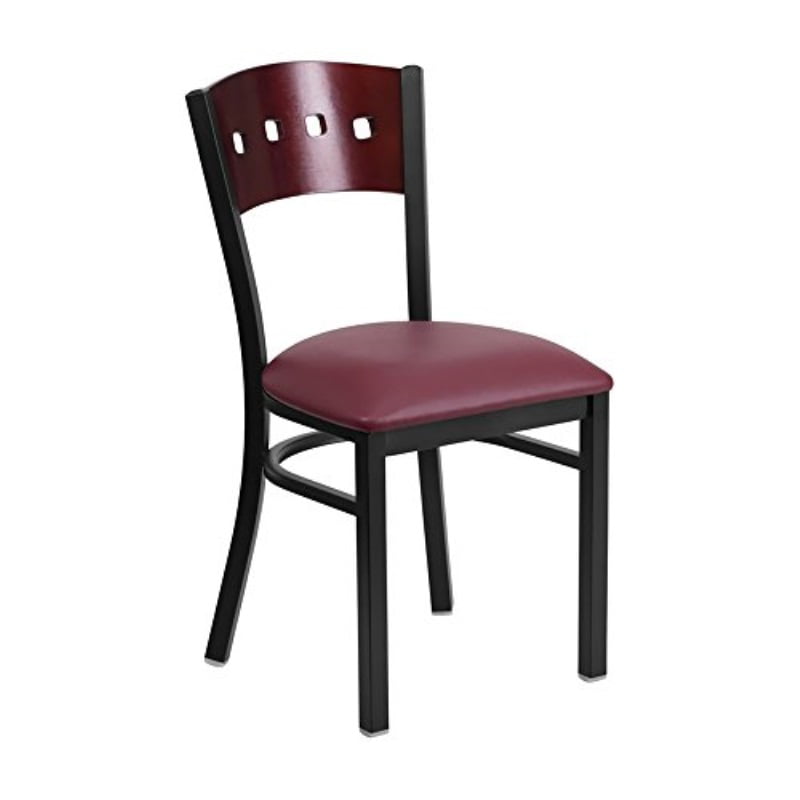 Offex Solid Back Mahogany Wooden Vinyl Upholstered Restaurant Chair Burgundy Vinyl Seat 
