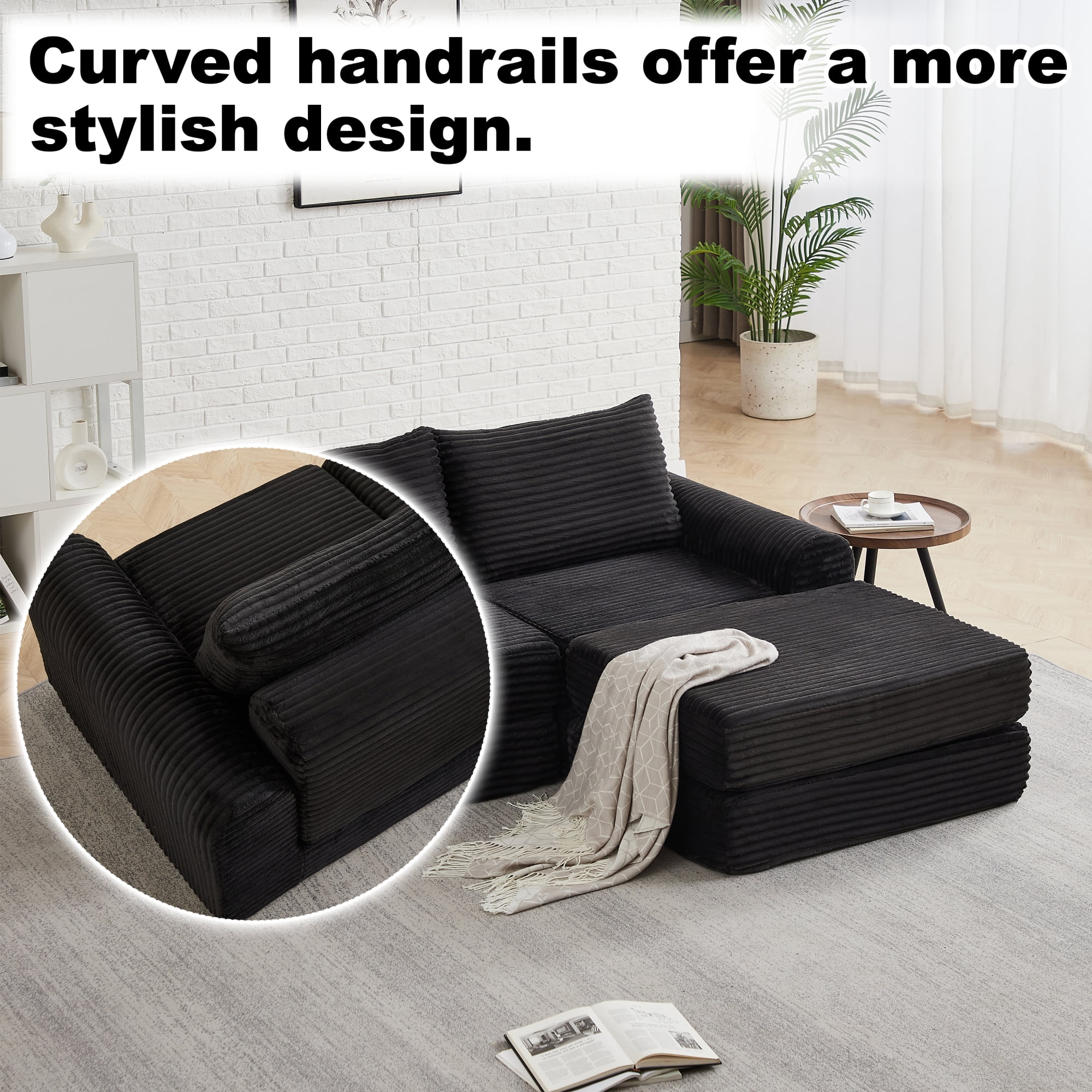 2-in-1 Corduroy Convertible Sleeper Sofa Bed with with Two Throw Pillows & Curved Lines for Living Room,Easy Assembly,Black