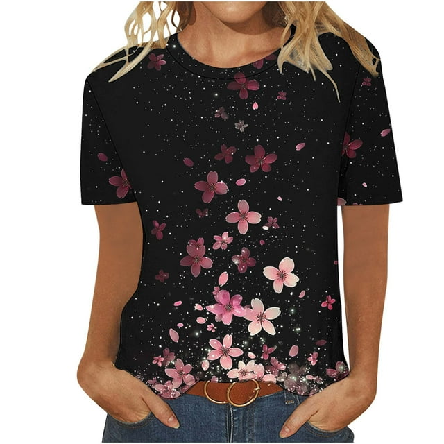 Staron Chemises d'Été pour Femmes Décontractées Douces Basiques T-Shirts de Bureau Blouses à Imprimé Floral Col Rond Manches Courtes Tunique Décontractée T-shirt Ample Jaune G