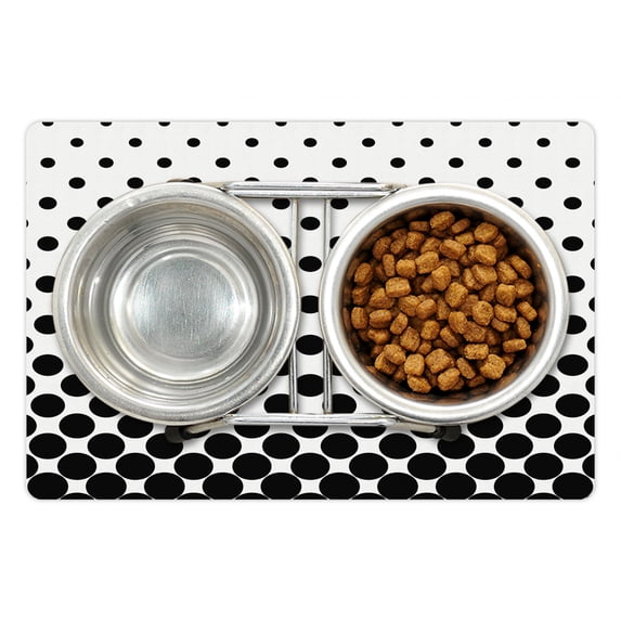 Abstract Pet Mat for Food and Water, Minimalist Monochrome Dots in Black Growing Big from Bottom to Top Polka Dots Image, Non-Slip Rubber Mat for Dogs and Cats, 18" X 12", by Ambesonne
