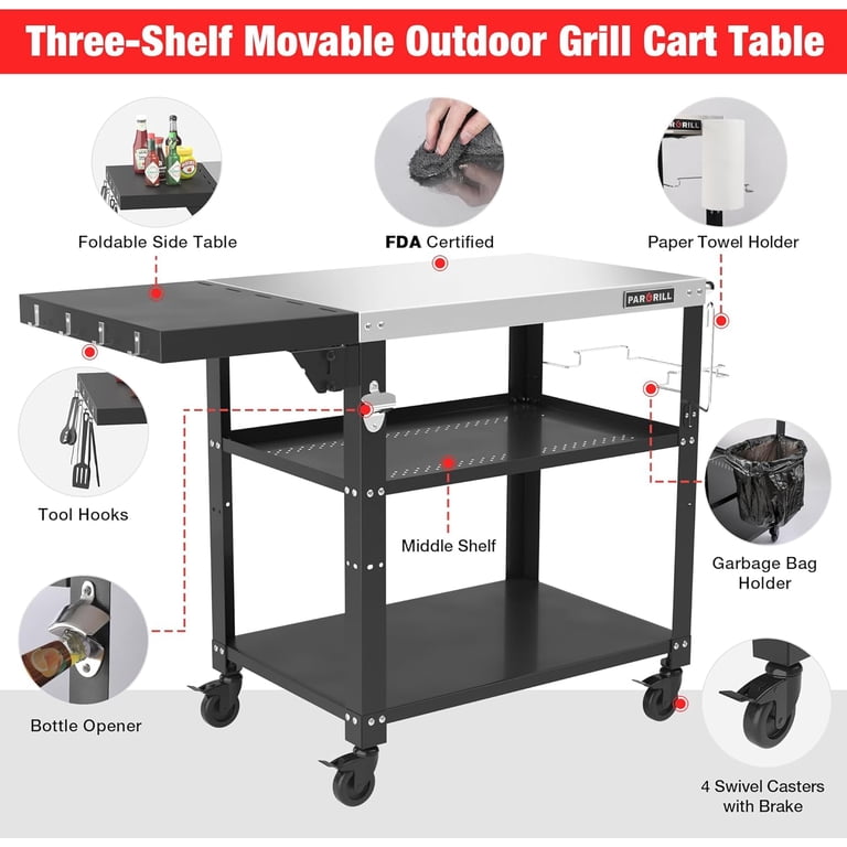 PARGRILL Three-Shelf Grill Cart, 46.6" Stainless Steel photo 6