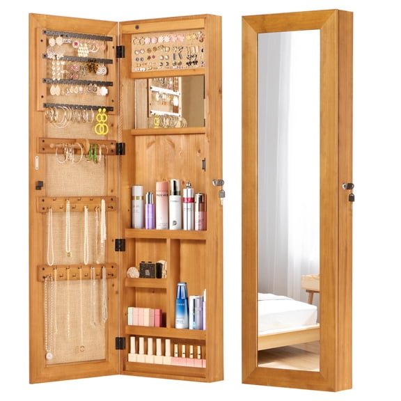 47.5 x 14.3 in Solid Wood Jewelry Armoire Organizer Cabinet with Full-Length Mirror, LED Light,Lockable Design,Door or Wall-Mounted