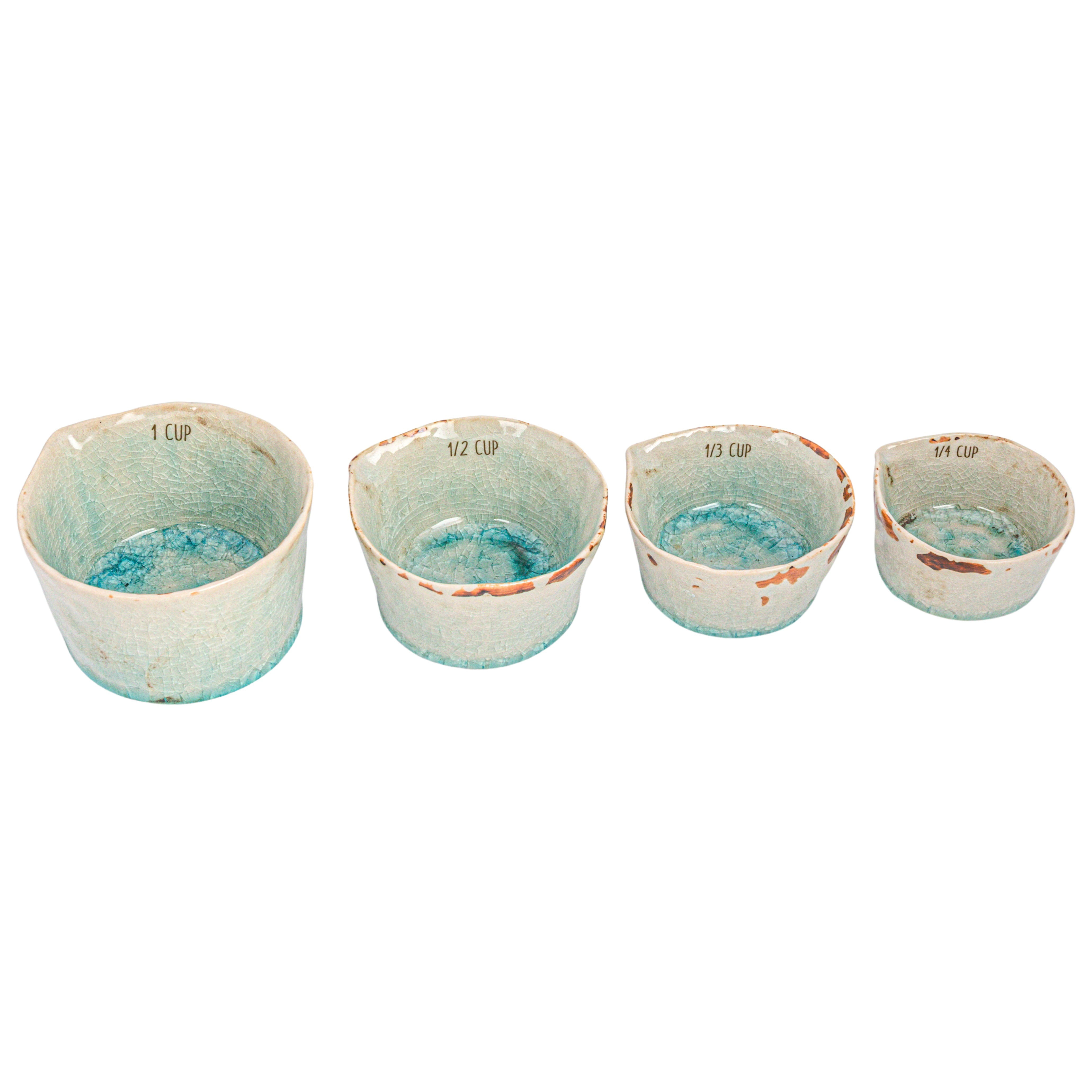 Creative Co-Op Stoneware Measuring Cups with Reactive Crackle Glaze, Green, Set of 4