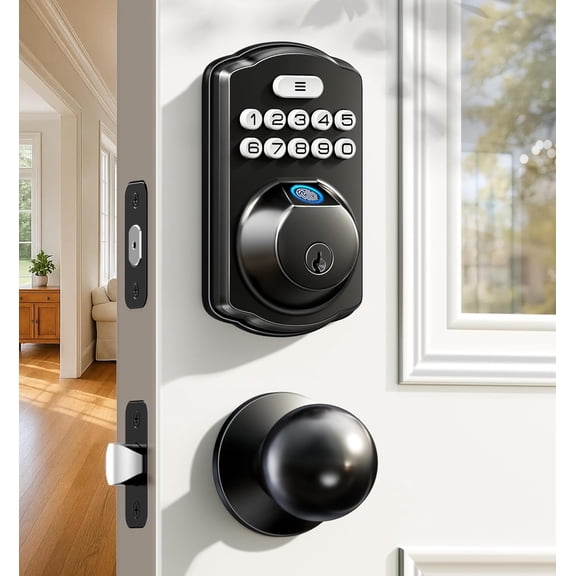 Veise KS02C Fingerprint Deadbolt Door Lock with Knob Set, Matte Black | Auto Lock, Electronic Backlit Keypad, BHMA/ANSI Grade 3, Anti-Peep Code, Low Battery Alert, Keyless Entry for Front Door