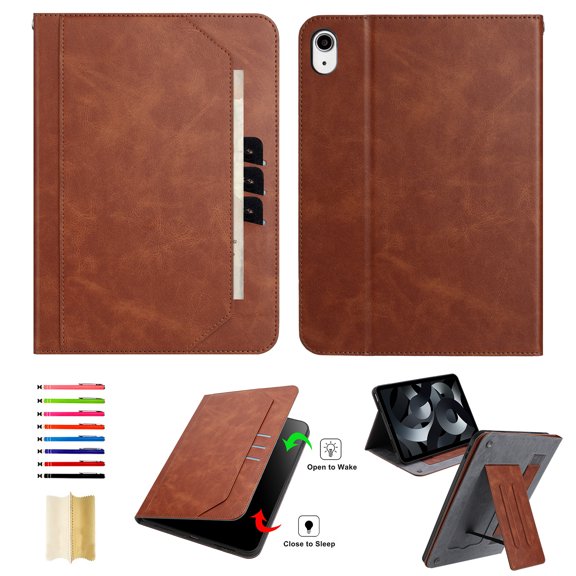 for iPad Mini 7th Gen 2024 Tablet Case with Card Slots, PU Leather Stand Folio Protective Cover, with Pencil Holder Wrist Strap Auto Wake/Sleep Full Body Case for iPad Mini 6th Gen 2021, Brown