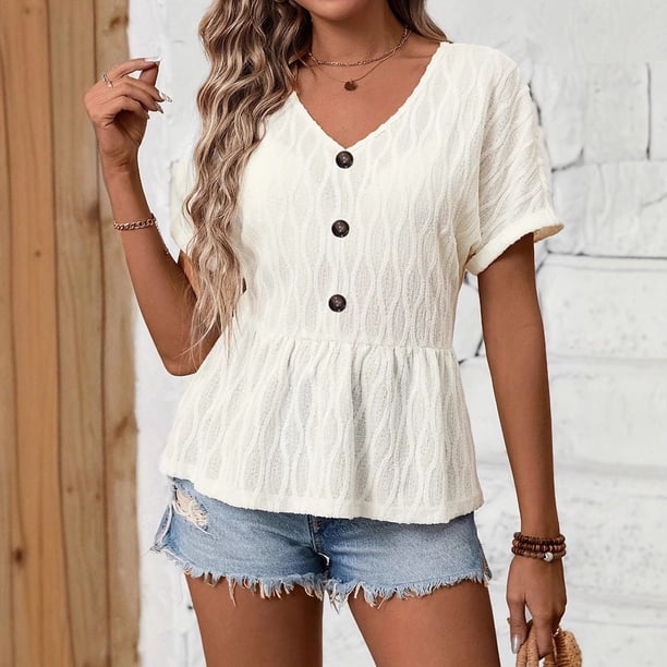 mfyjkho Tops De Moda Para Mujer, Camiseta Casual De Manga Corta Con Cuello En V Y Color Liso Para Mujer Tops De Tallas Grandes M