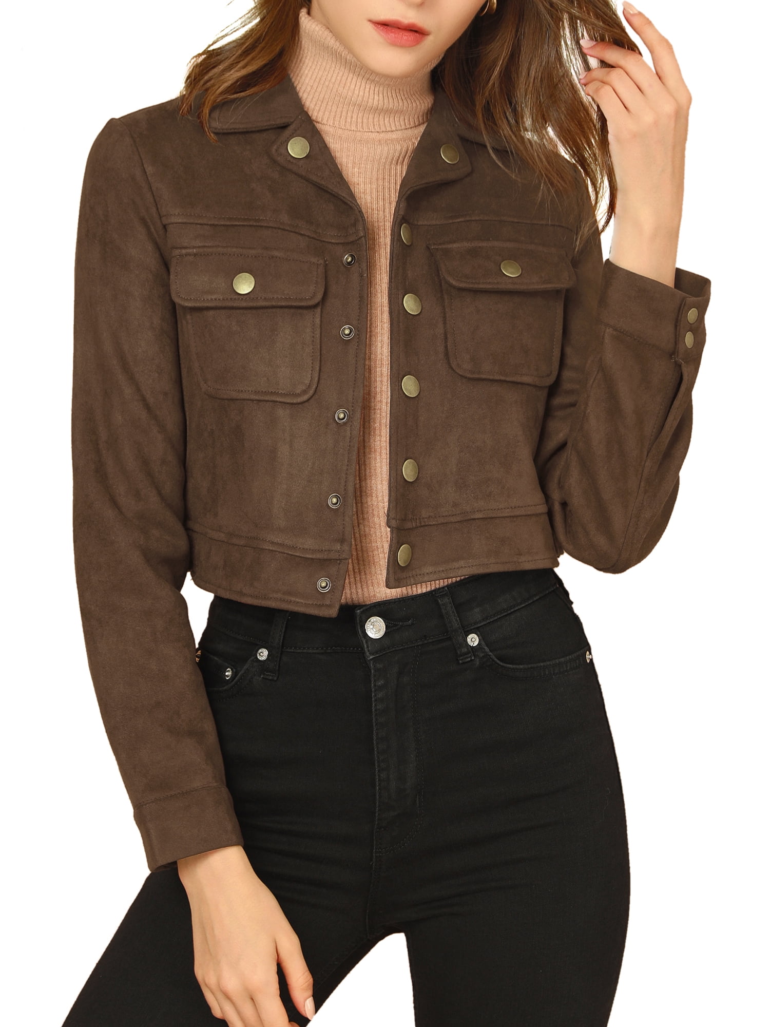 Allegra K - Women's Turn Down Collar Button Up Faux Suede Cropped ...