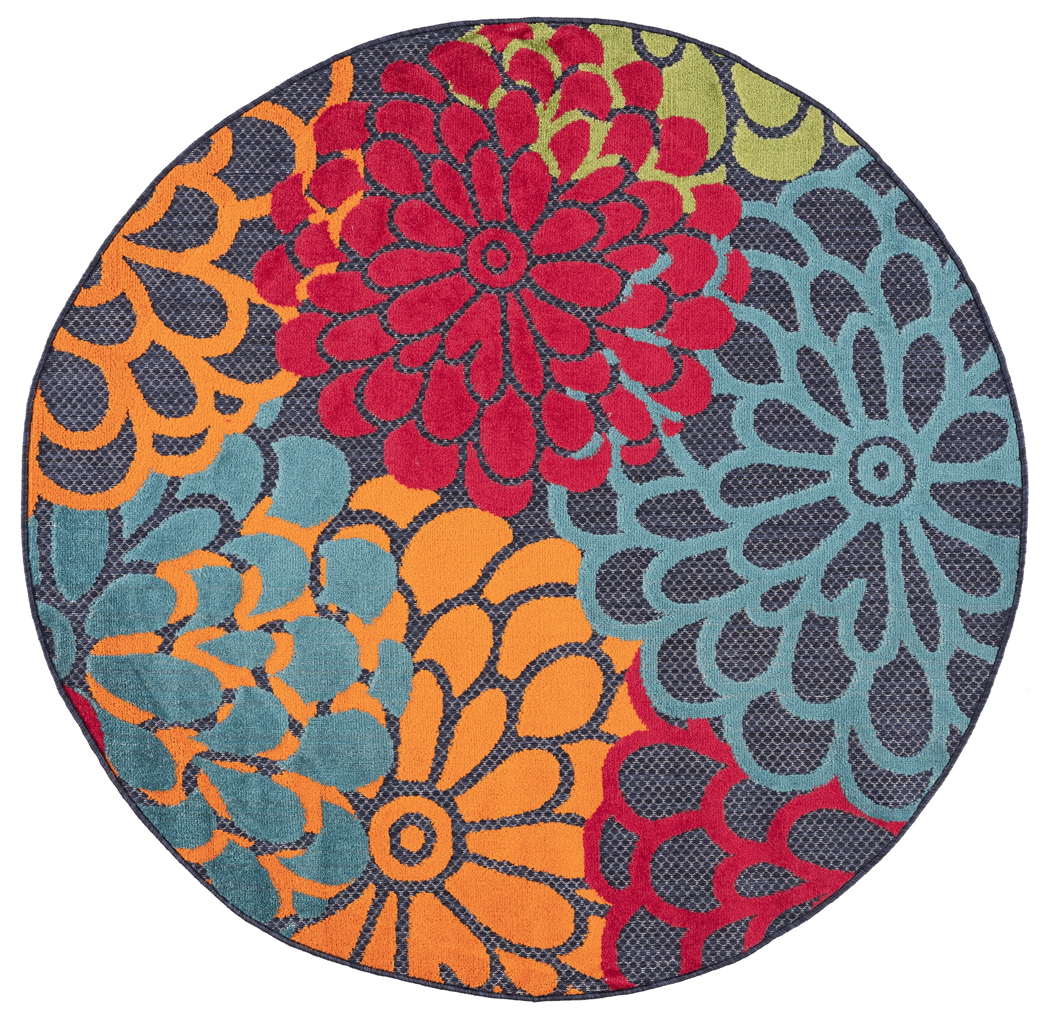 Oasis Modern Floral Navy and Aqua Polypropylene Indoor Outdoor Area Rug, 8'x8' Round