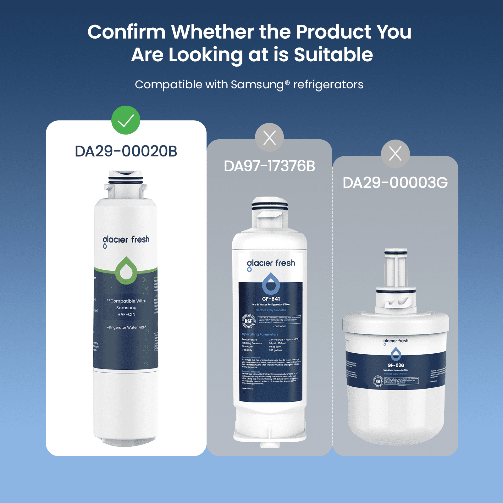 GLACIER FRESH DA29-00020B Refrigerator Water Filter, NSF/ANSI 53 & 372 Certified, Compatible with Samsung DA29-00020A/B, HAF-CIN/EXP, DA29-00020B-1, 46-9101, RF4267HARS, 1 Pack