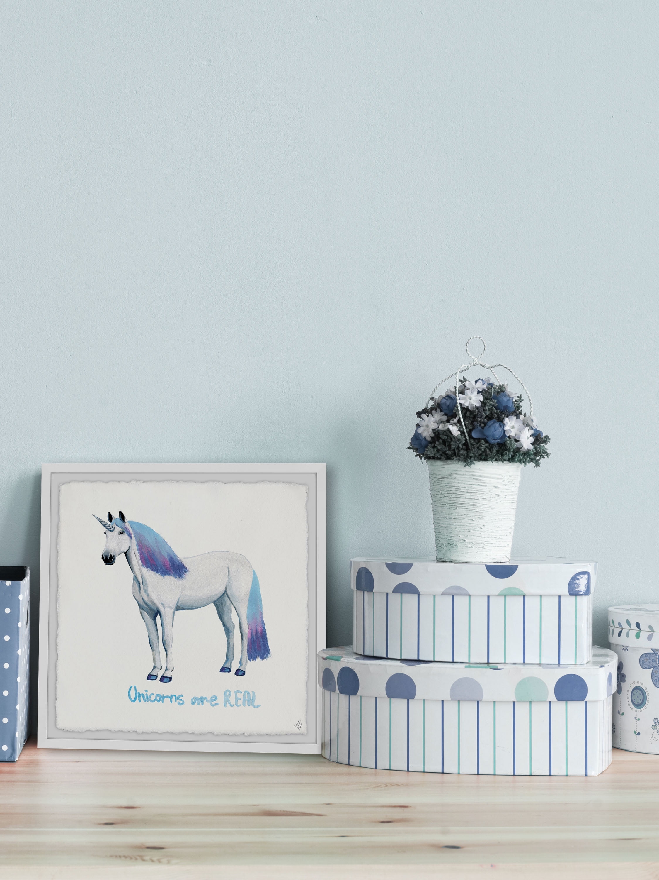 Marmont Hill Blue Ombre Unicorn Hair Framed Wall Art