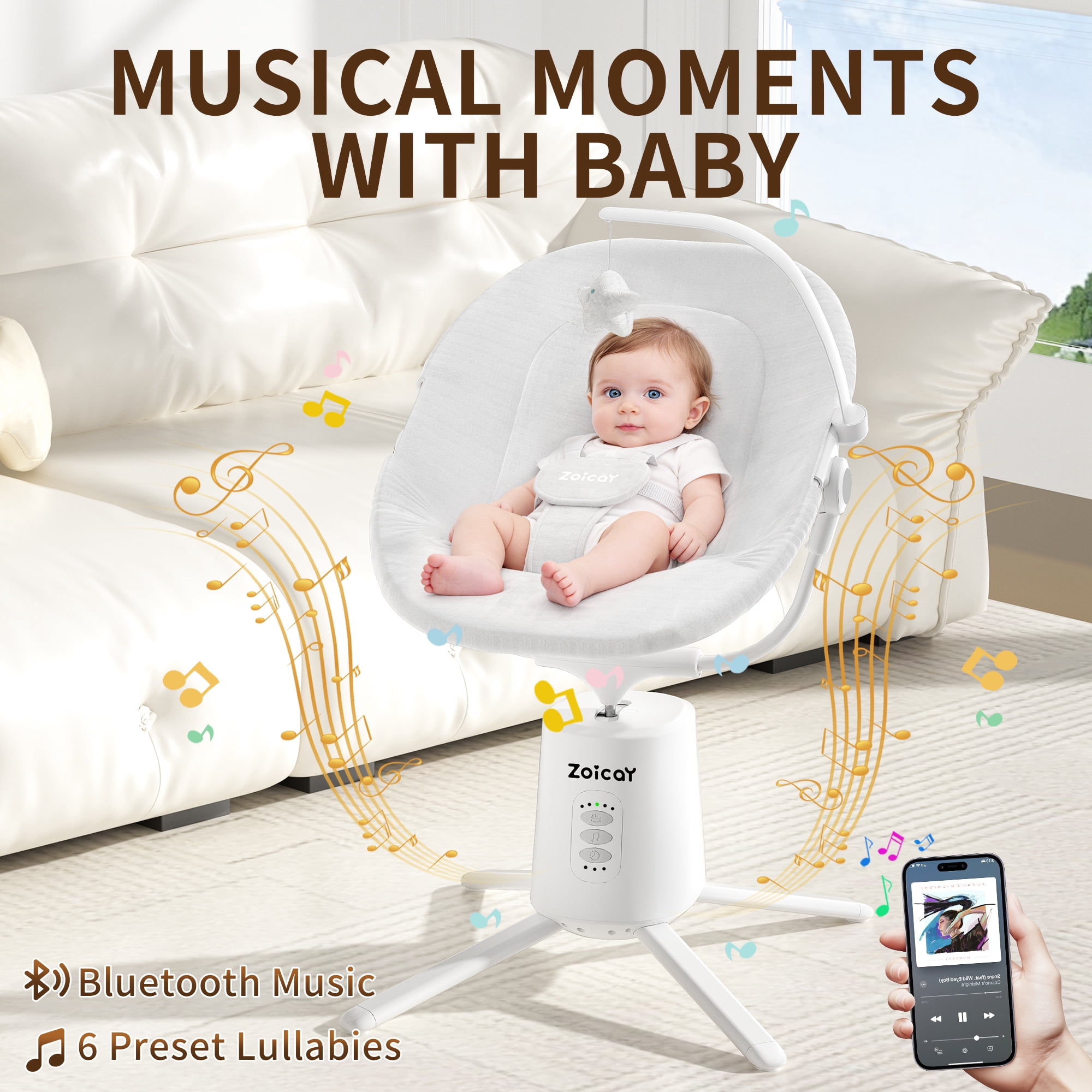 Zoicay Electric Baby Swing with App Remote Control, 5 Speeds 3 Sway Modes, Bluetooth Music, 5-Point Harness Infant Swing, White