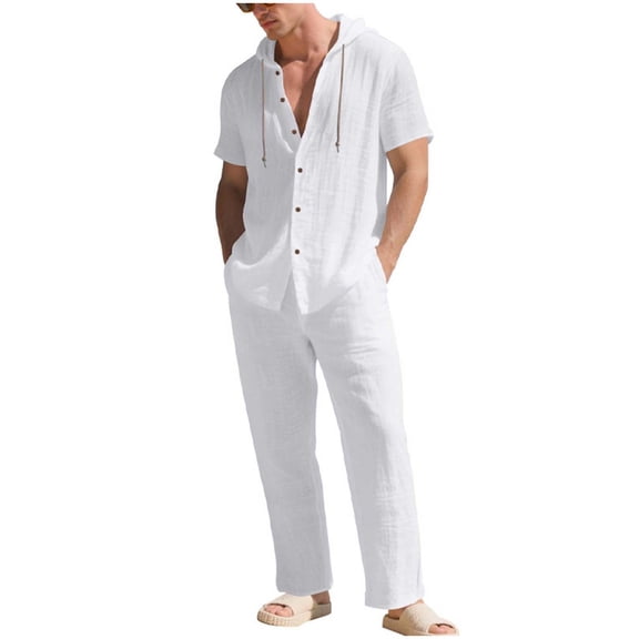 OGLCCG Men's 2 Piece Linen Beach Outfits Short Sleeve Button Up Hooded Shirt and Pant Set Casual Matching Set with Pockets,S,White