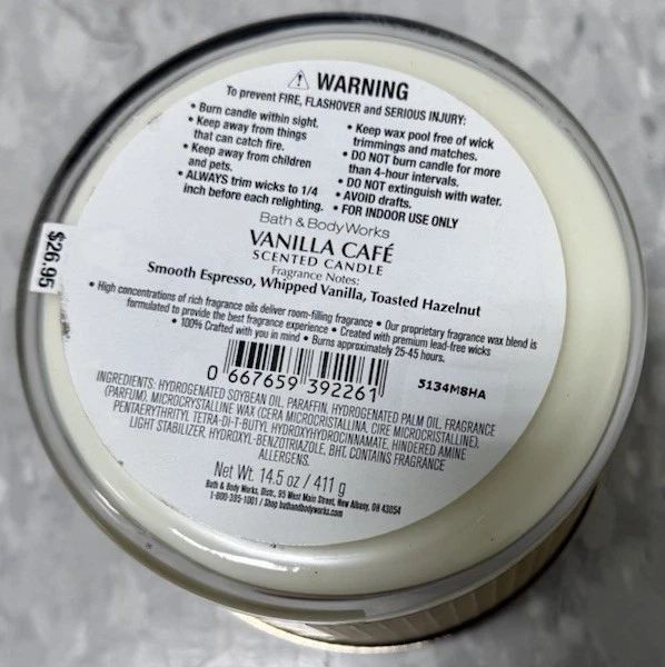 Bath & Body Works 3 Wick Candle Vanilla Cafe