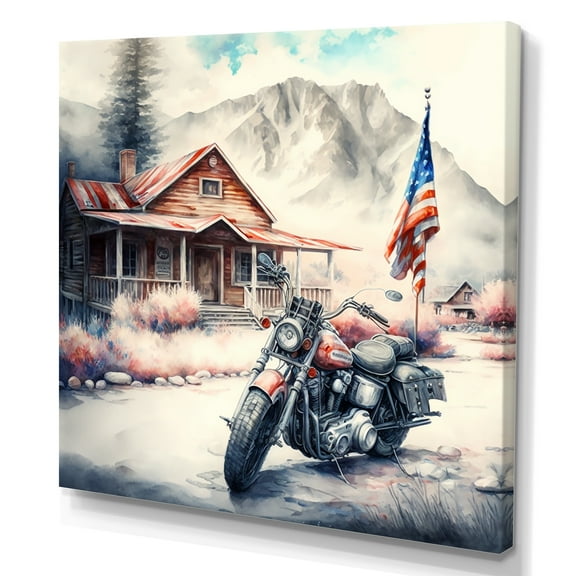 Designart Motorcycle Parked At The Cabin I Canvas Wall Art