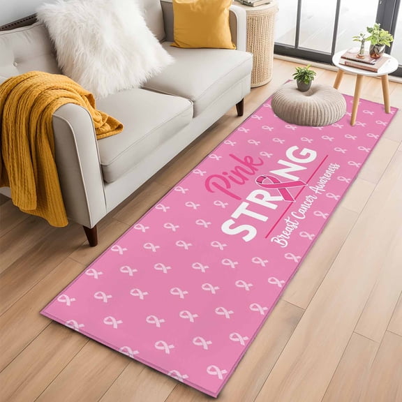 Pink Ribbon 2'x6' Runner Rugs for Hallway Kitchen Bedside Non Slip Washable, Breast Cancer Awareness String Symbol Entryway Rug Runners with Rubber Backing, Long Carpet Runner for Laundry Room
