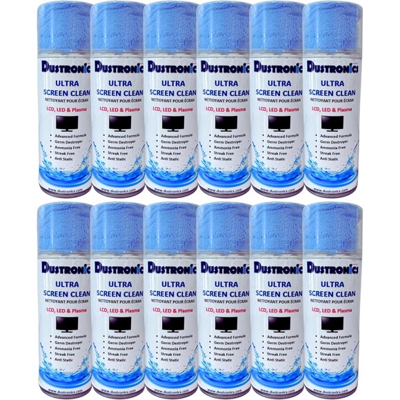 Dustronics Vaporisateur Nettoyant pour Écran Premium, 340 g, Lot de 12, Chiffon en Microfibre, pour Écrans LCD, LED, Plasma