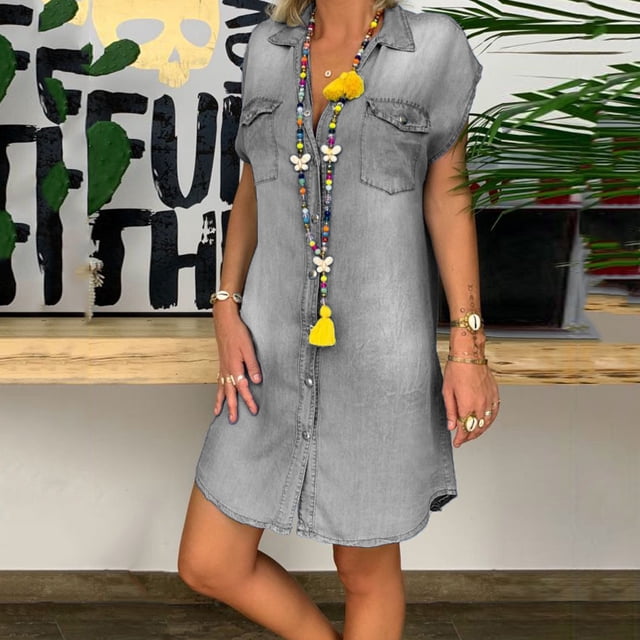 IDALL Robes d'Été, Robe en Denim Décontractée pour Femmes Col Rabattu Robes de Soirée en Denim Sans Manches Robe Évasée Robes Petites, Robes Mode, Robes pour Femmes Robe Grise L