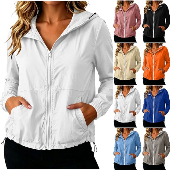 Jsaierl Women's Lightweight Hooded Zip Up Windbreaker Jacket with Elastic Cuffs and Drawstring Bottom Sporty Outdoor Top