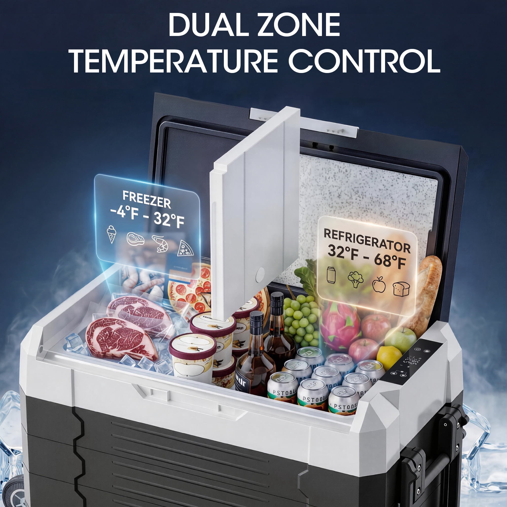 UrbanSync 58QT/55L Portable Compressor Fridge Dual Zone APP Control with LED Light & Included Cutting Board Wheels for Car Home Camping