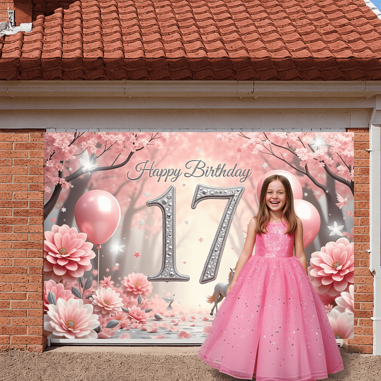 Pink Style 17th Birthday Banner Unicorn Sweet 17 Backdrop Cherry Blossom Design Pink Balloons Birthday Celebration Background for 17th Birthday Party