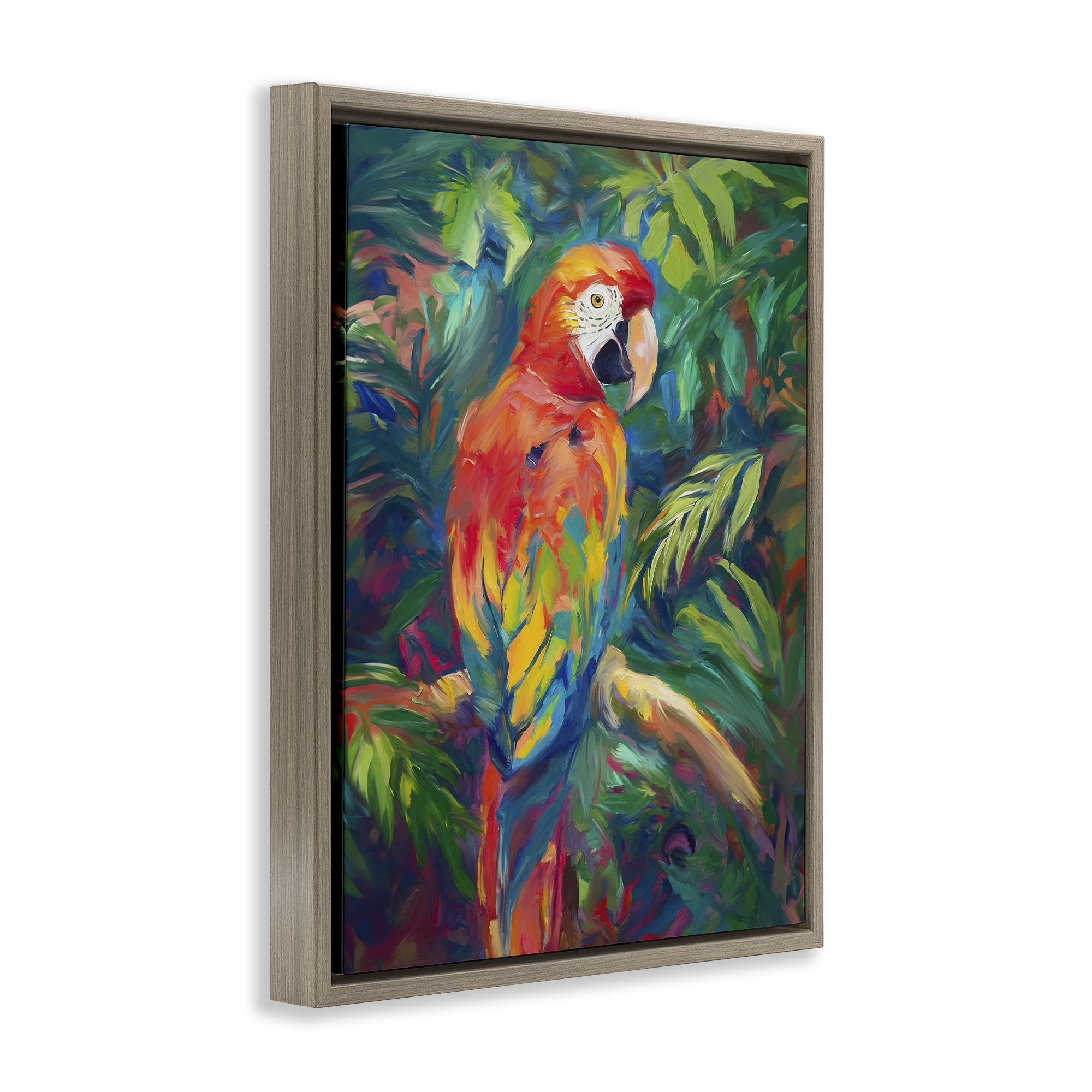 Stupell Industries Jungle Macaw on Branch Animals & Insects Painting Brown Floater Framed Canvas Art Print Wall Art, 25 x 31