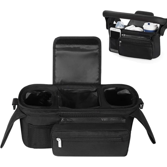 Organisateur Universel pour Poussette avec Porte-Gobelet Isolé 13.3x4.7x5.9po Grande Capacité Pochette pour Téléphone et Bandoulière Détachable Accessoire pour Poussette Convient au Design Compact Convient à Toutes les Poussettes