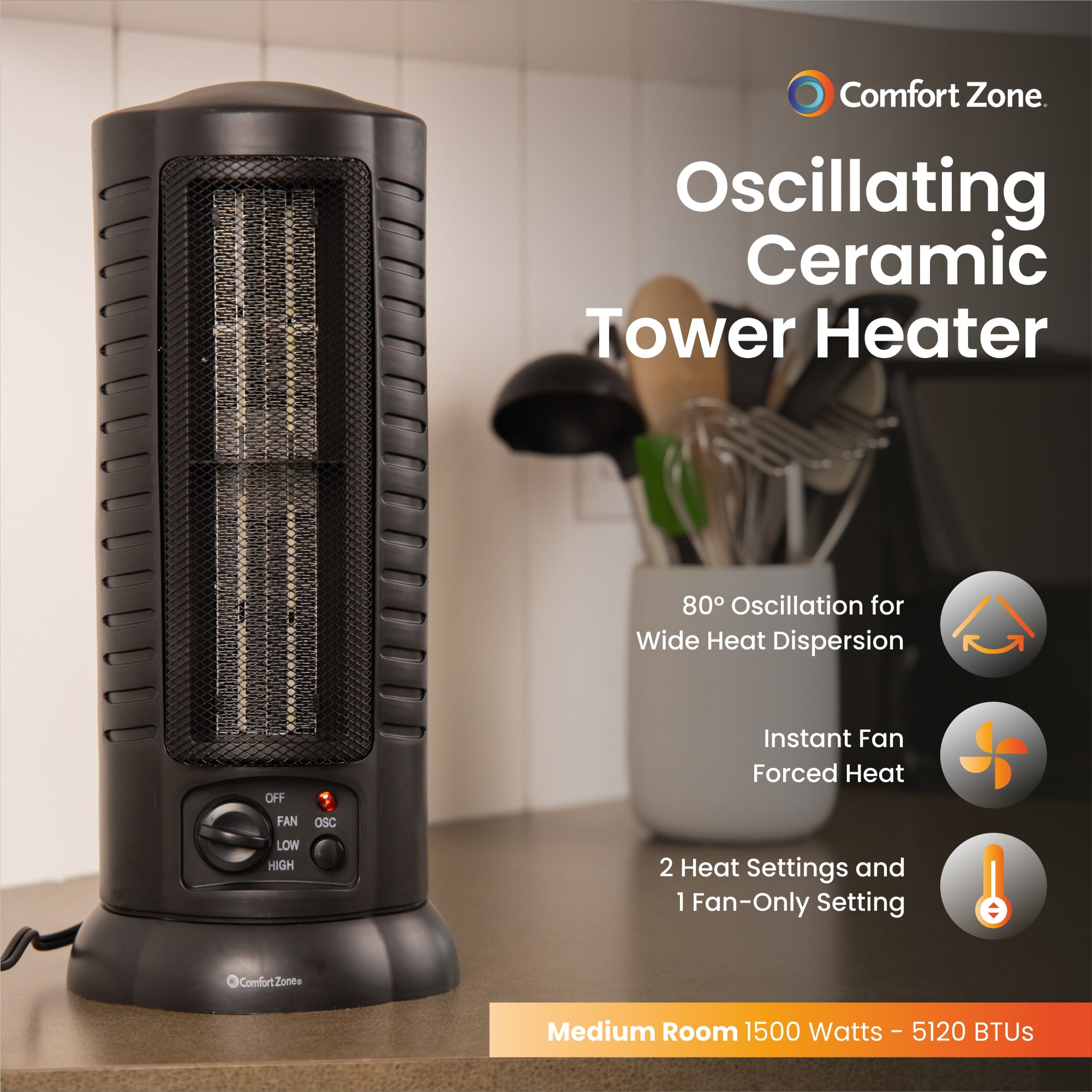 Comfort Zone 1,500-Watt Oscillating Ceramic Tower Heater with Safety  Features, Black - Walmart.com