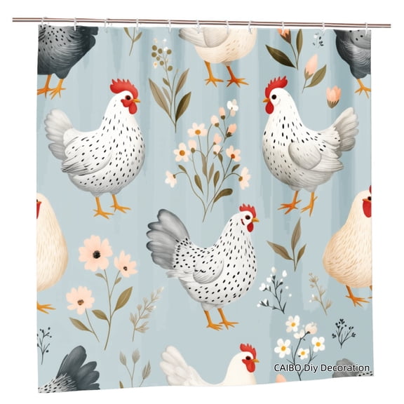 Joocen Polyester Shower Curtain Chicken And Floral Pattern For Home Bathroom Bath Tub Decoration 72x72 inch
