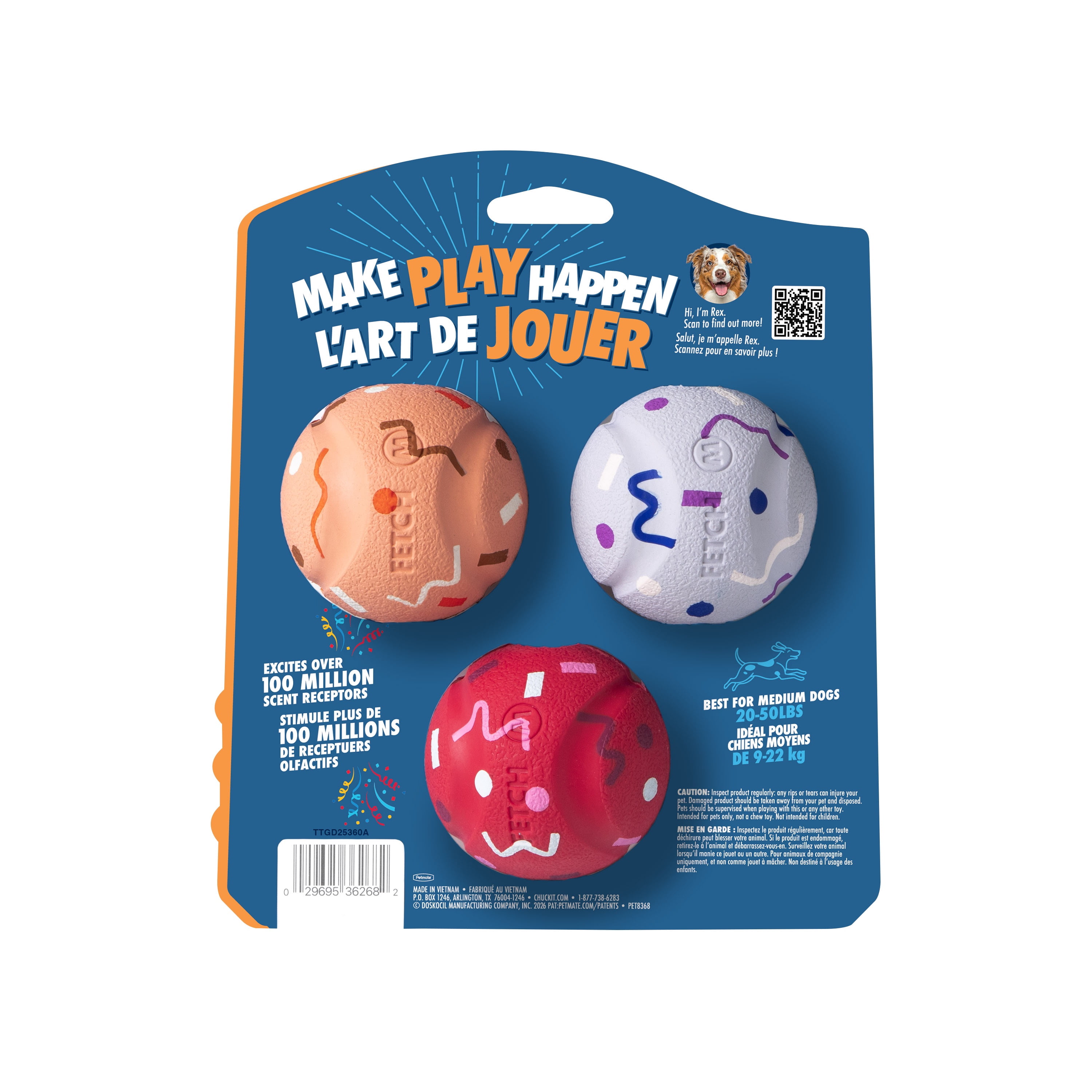 Chuckit! Birthday Fetch Medley Dog Balls, Medium 2.5", Pack of 3 – Birthday‑Scented Rubber Fetch Toys for Dogs 20–60 lb