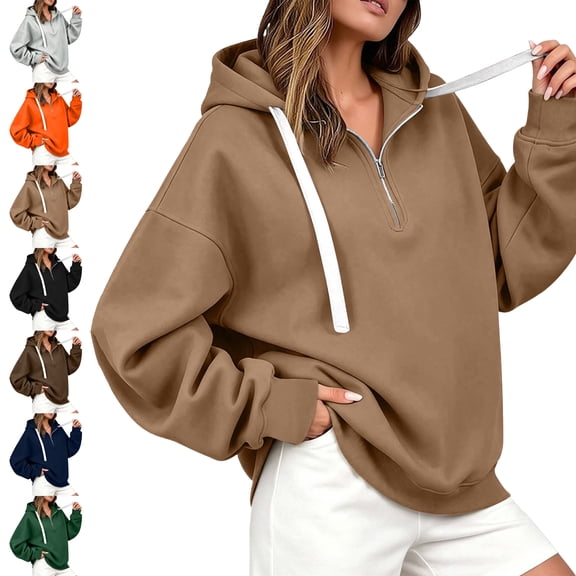 SYwaren Women's Long Sleeve Oversized Half Zip Hoodie Casual Sweatshirt Side Slit Tops