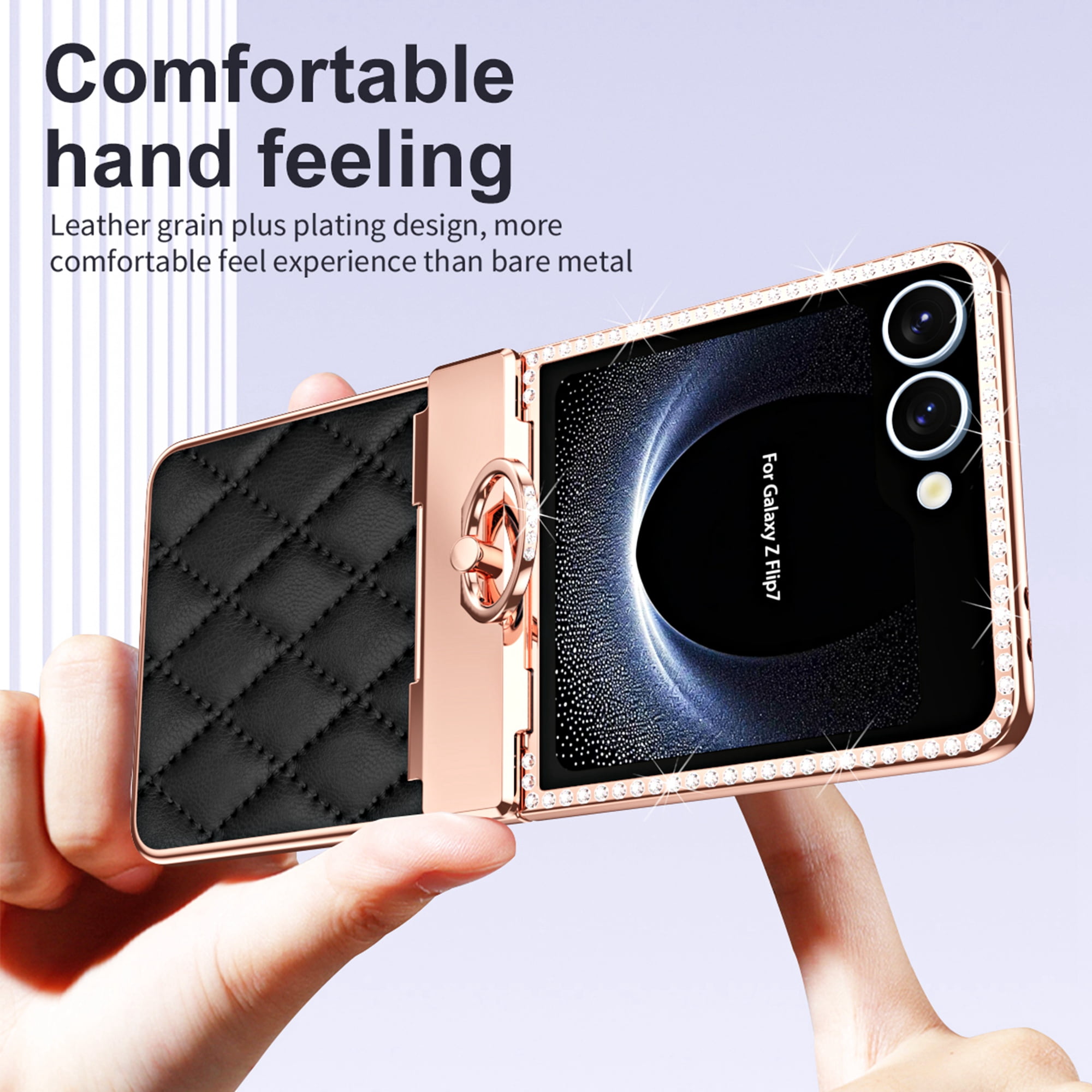 Dteck Diamond Case for Samsung Galaxy Z Flip 7 with Hinge Protection and Ring Holder, Luxury Sparkly Plating Shockproof Phone Cover with Screen Protector for Galaxy Z Flip 7,Black