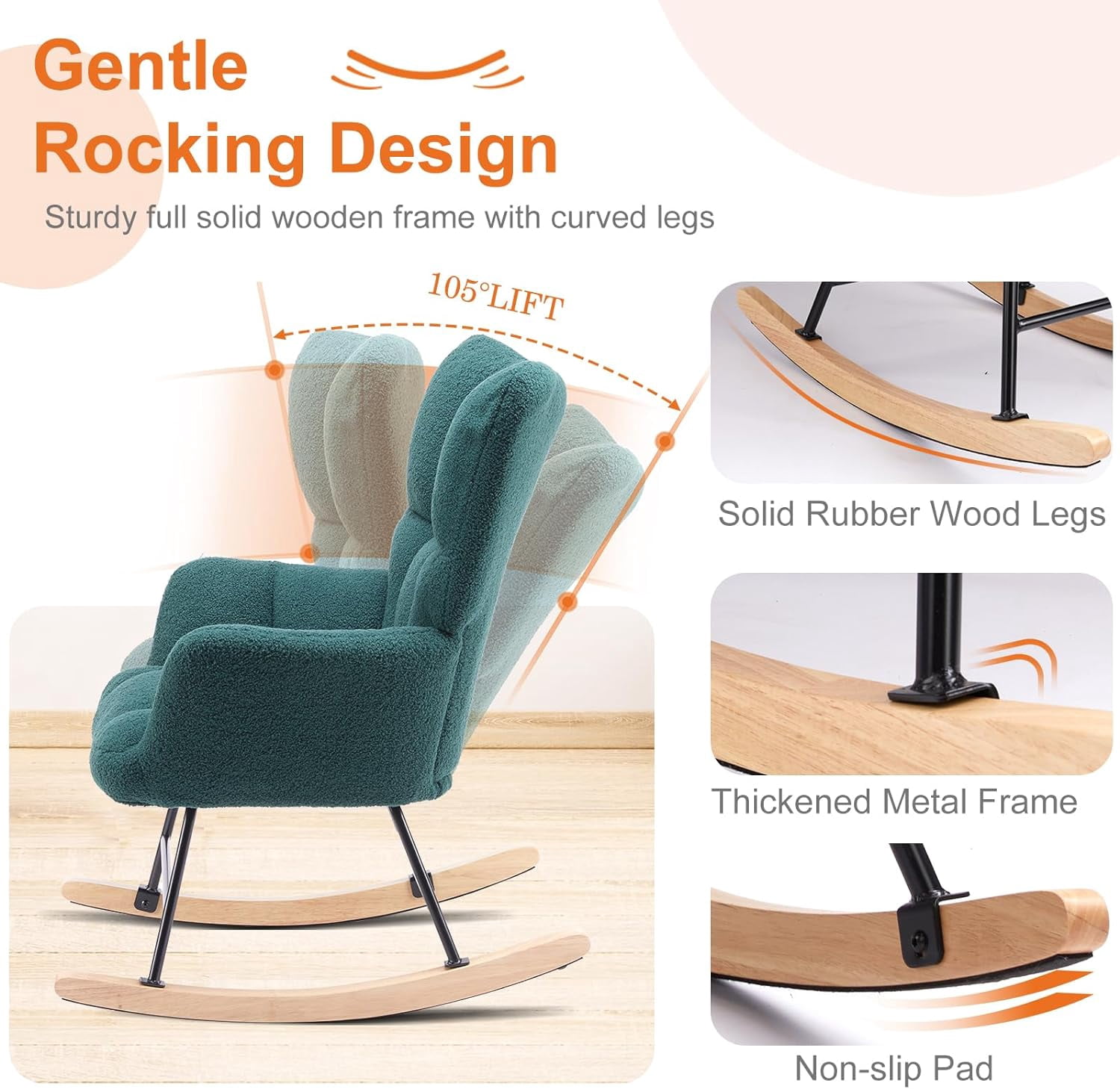 Rocking Chair, Indoors Glider Accent Armchair with High Backrest for Nursery, Bedroom, Teddy Fabric with Solid Wood Legs, Green