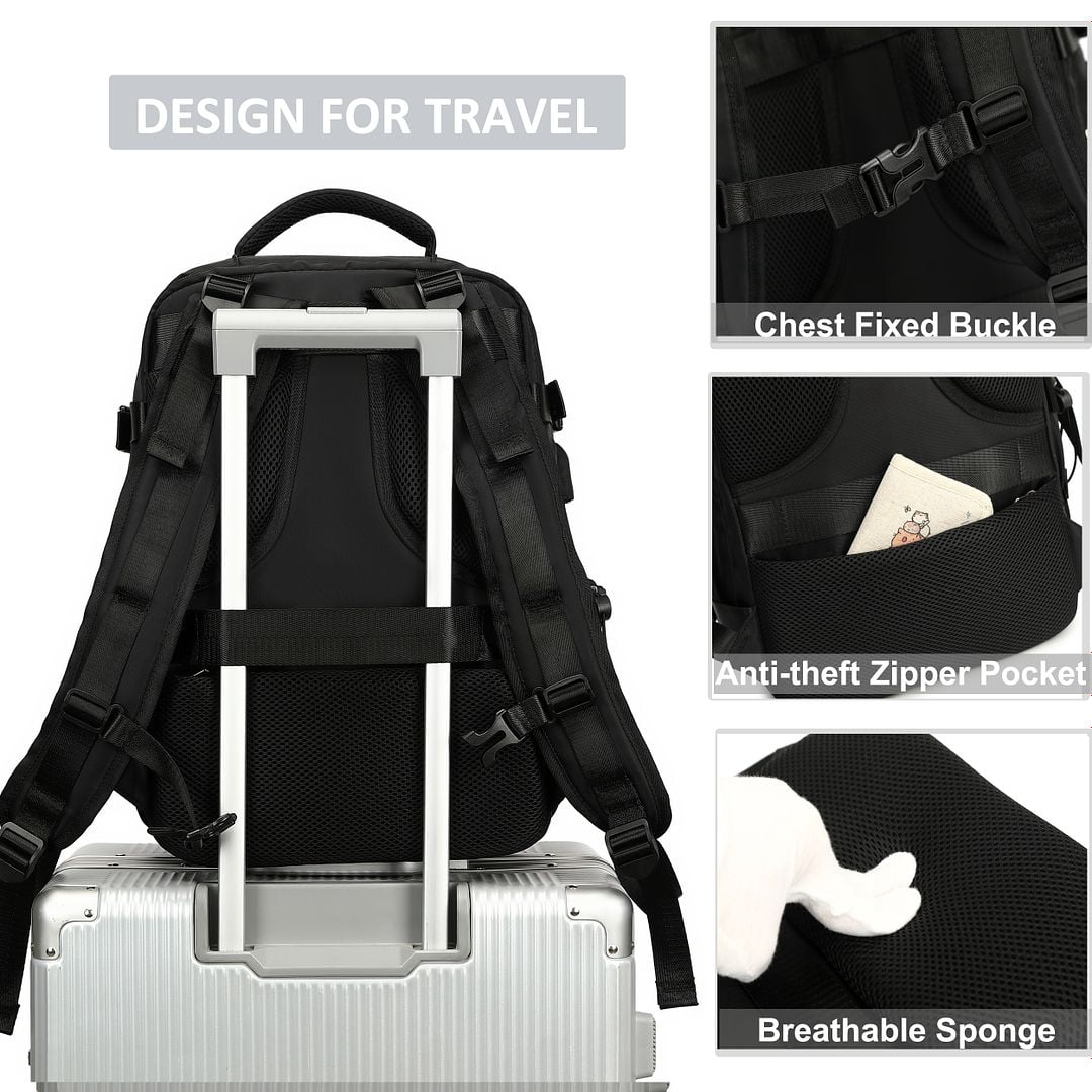 Travel Backpack for Women Men 15.6 Inch Laptop Backpacks with USB Port Carry on Bag Airline Approved Large College School Bookbags Waterproof Work Business Sport Rucksack Casual Daypack (Black)