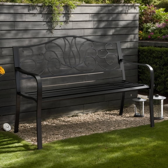 YYAo Garden Benches, Outdoor Bench,50 Inches Outdoor Garden Bench with Floral Design Backrest and Slatted Seat-Black