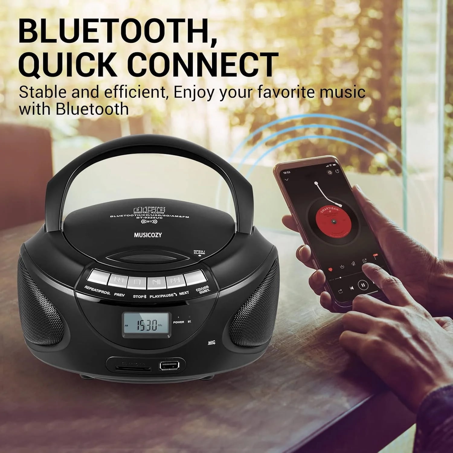 Portable CD Player Boombox with AM/FM Stereo Radio,Bluetooth Speaker Players,Support CD/USB/SD/BT/AUX,Clear and Full Sound with Bass Boost,LCD Display,Headphone Jack, AC/Battery,Gift for Elderly