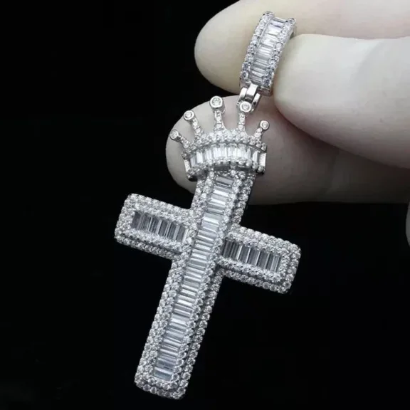 2.50 Ct Baguette Cut Real Moissanite Cross Pendant 14K White Gold Plated Silver