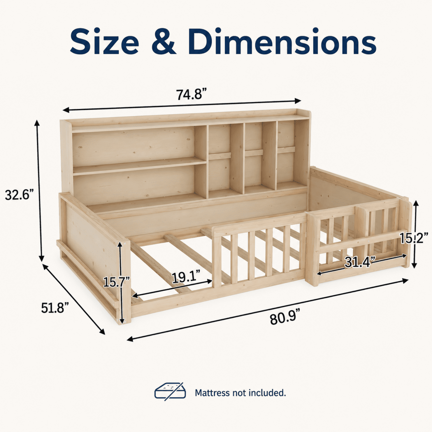 Miniyam Twin Size Floor Bed, Kids Wood Bed Frame with Guardrails, Side Bookshelf, Natural