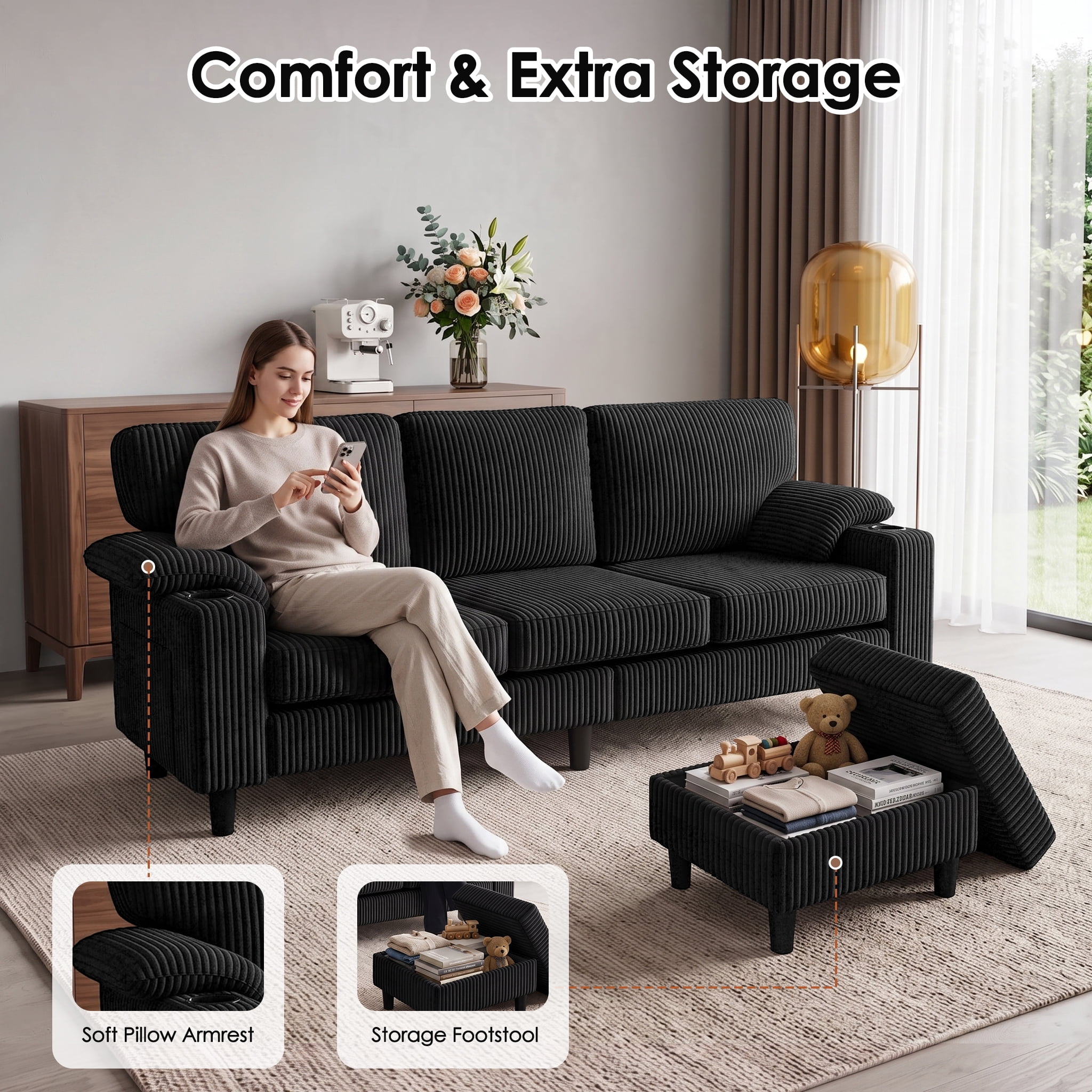 Anpport 80" L‑Shaped Corduroy Sectional Sofa, 3‑Seater Couch with Storage Ottoman, USB Port & Cup Holders for Small Spaces, Black