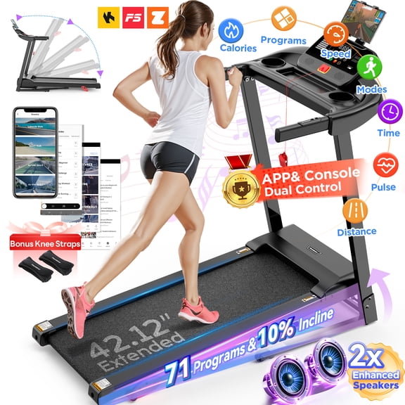 Treadmill for Home, Portable Folding Electric Exercise Treadmill with Adjustable Incline, APP Control, 64 Programs, 320 lb Capacity, 7.5MPH, Bluetooth Speakers, Running Walking Jogging, 12/23 Update