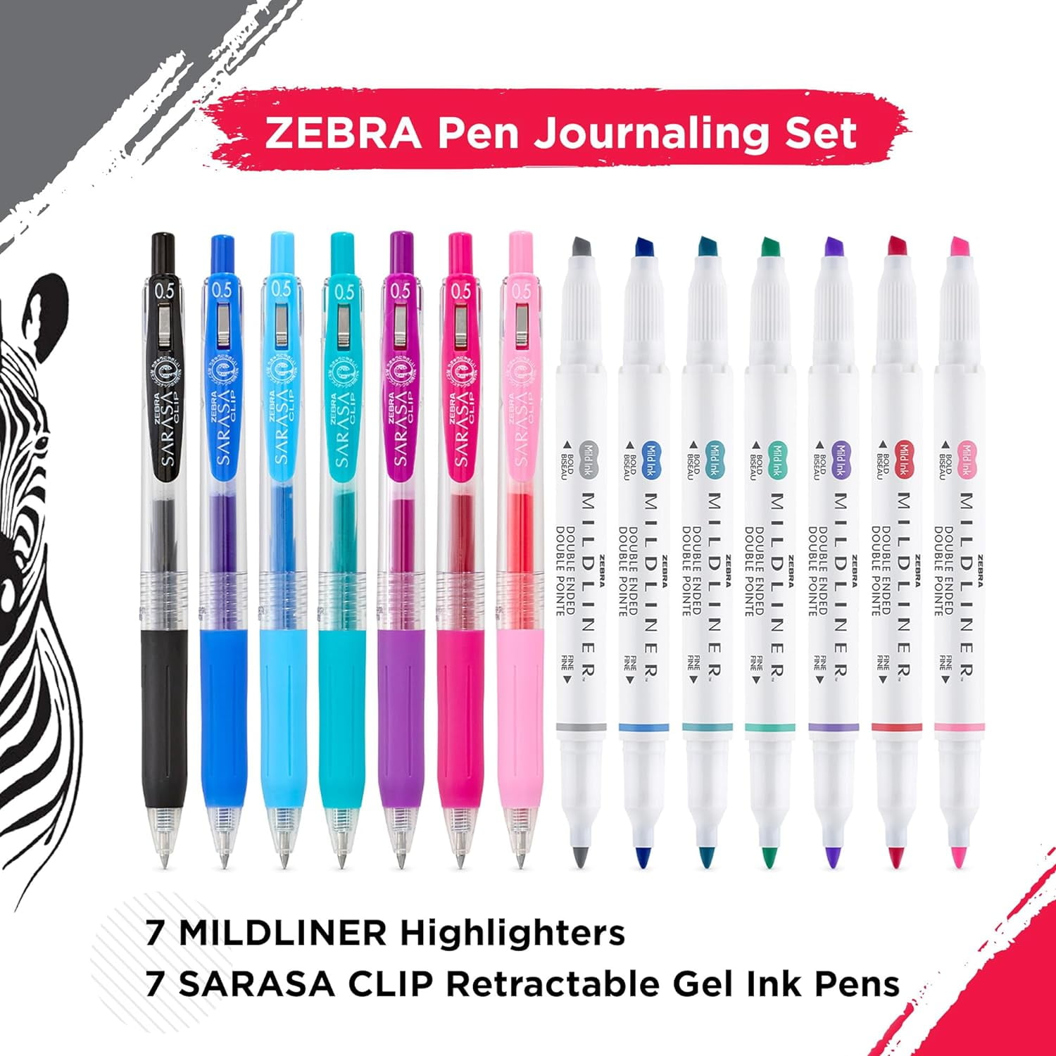 Mildliner Zebra Journaling Pen Set 14 pc Sarasa Clip