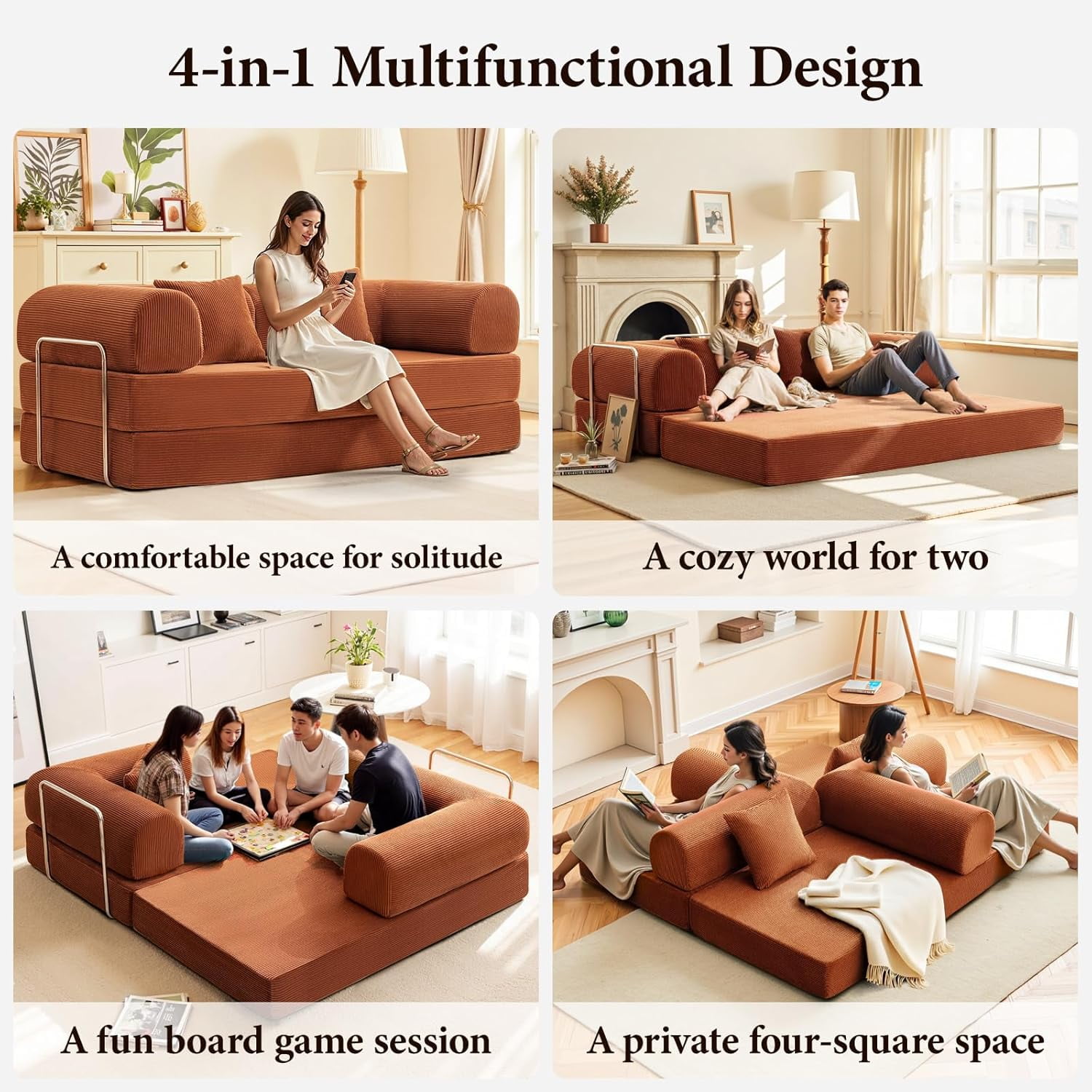 COOLHUT 63" W Combination Sofa, High Rebound Density Sponge Sofa Couch, Two Forms Floor Couch Three Seats Sofa Bed for Living Room, Bedroom, Pumpkin Brown