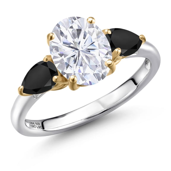 Gem Stone King 925 Silver and 10K Yellow Gold White Moissanite and Black Onyx Engagement Ring for Women | 2.86 Cttw | Oval 9X7MM | Gemstone Birthstone | Size 7