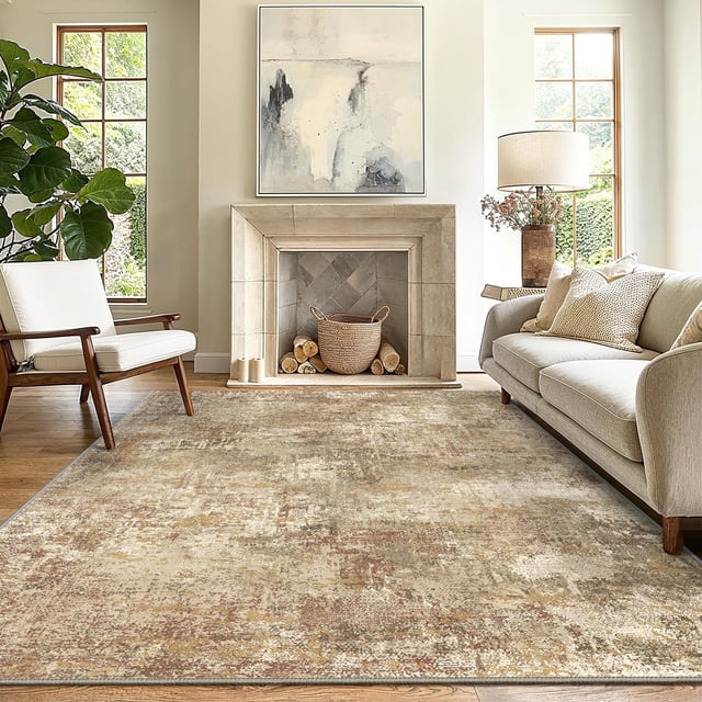 5x7 Washable Area Rug Non Slip Backing Low Pile Lightweight Indoor Rug for Living Room Bedroom, Distressed Abstract Warm Taupe